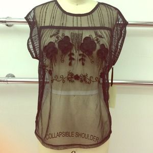 New black embellished mesh top with beading