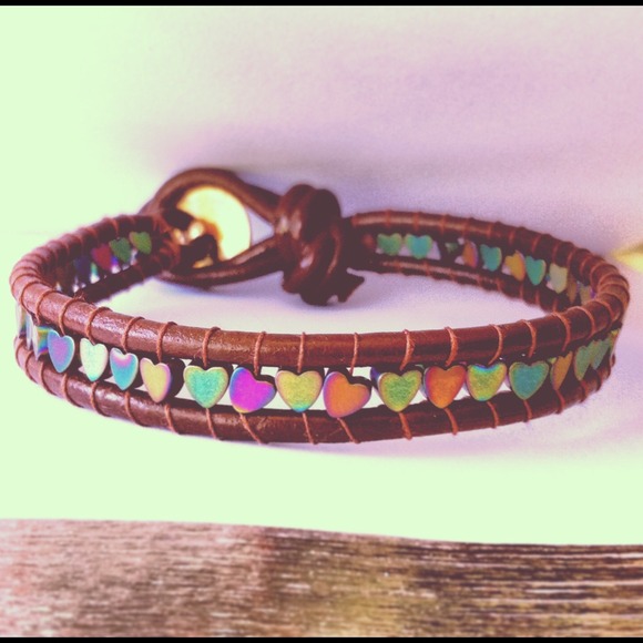 Metallic Rainbow Heart Brown Leather Bracelet Wrap