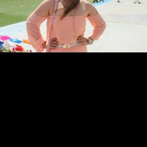 Tobi coral off shoulder long sleeve short dress