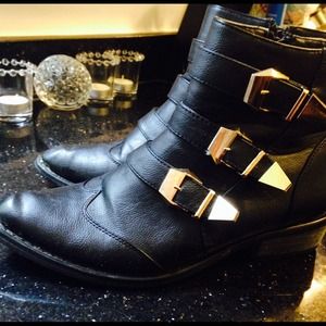 Black leather ankle booties w/ gold hardware