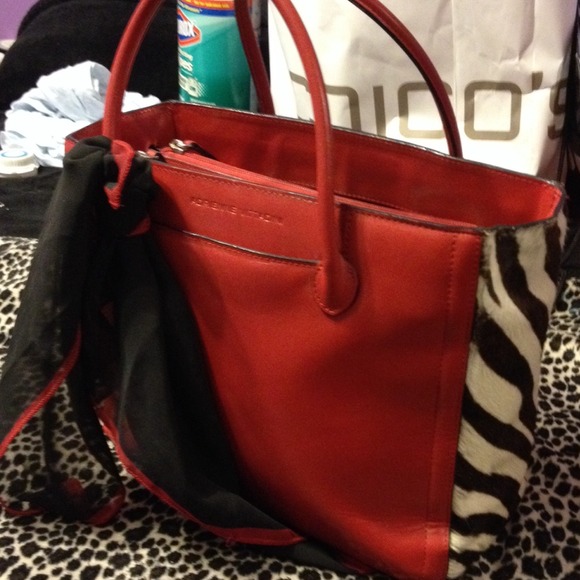 Adrienne Vittadini red tote with calf hair - Picture 1 of 4