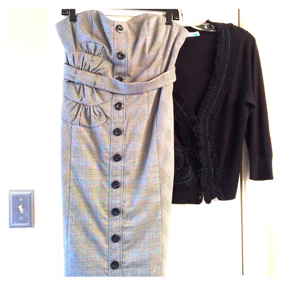 Anthropologie Dresses & Skirts - Plaid strapless dress with coordinating cardigan