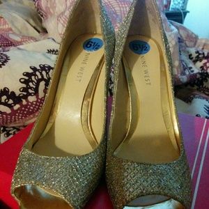 Silver Nine West open toe pumps beautiful shoes