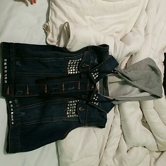 Studded jean vest w/ hood