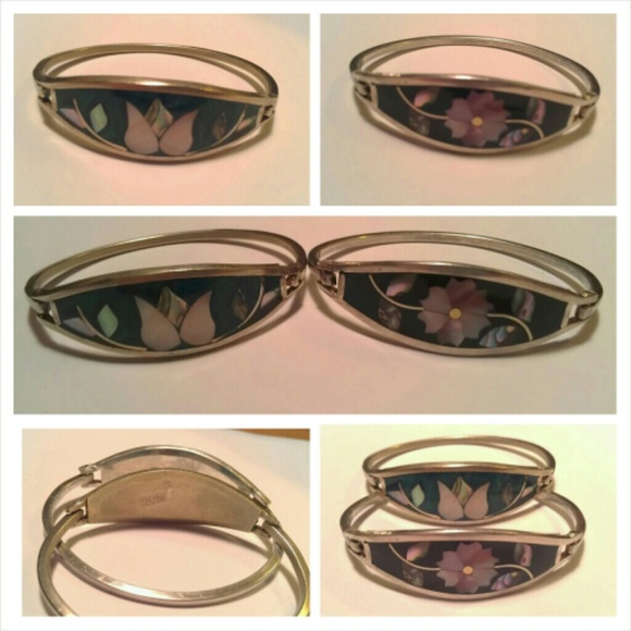 2 Alpaca Mexico Silver Inlay Bracelets
