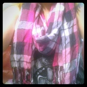 Plaid pink white and black scarf