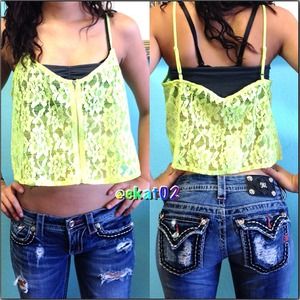 2B BEBE lace crop  w/ zipper - neon yellow