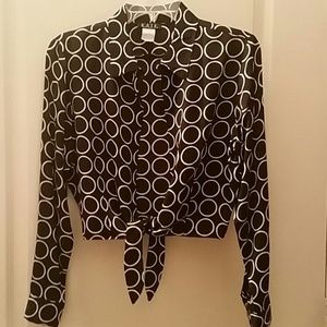Black and white silk waist tye blouse
