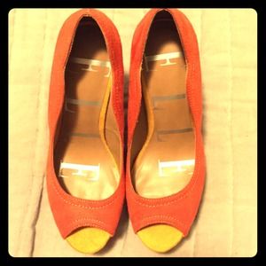 Orange suede wedges