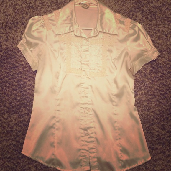 White silky button down with embellishments