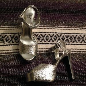 Silver Sparkly Peep Toe Heels