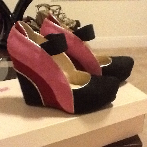 Shoes - Pink and black color block wedges