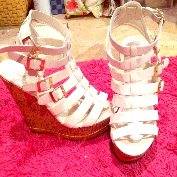 Strappy white wedges
