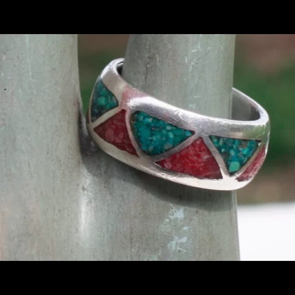 TRADED turquoise and coral sterling silver ring - Picture 2 of 2
