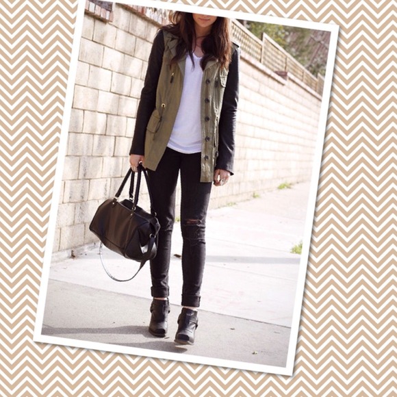 πHPπMilitary green jacket w/faux leather sleeves - Picture 2 of 4