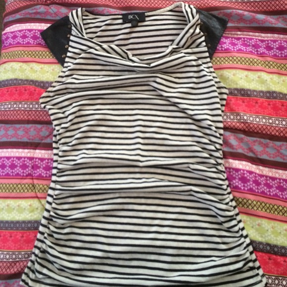 Striped black and white leather sleeve shirt