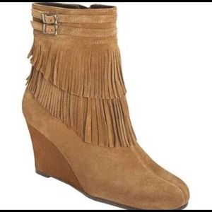Tan suede fringe wedge booties by Aerosoles