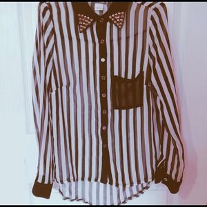 Chiffon Black and White Striped Button-Up