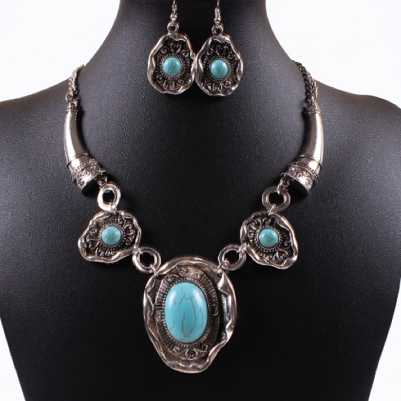Jewelry - Set of Blue Stone Necklace and Earrings