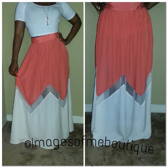 Coral Mesh Color Block Maxi Skirt