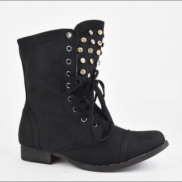 Black Jeweled Studded Lace Up Ankle Boot size 9