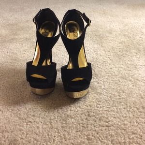 Black abs gold peep toe pumps
