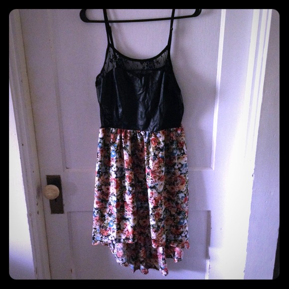 ❌SOLD❌Pleather & floral high/low dress