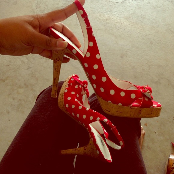 Red an white polka dot sling back peep toe pump