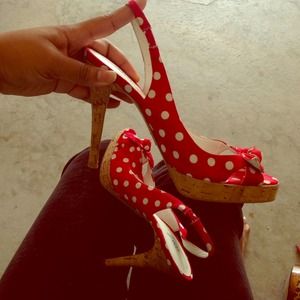 Red an white polka dot sling back peep toe pump
