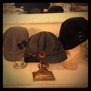 2 wool hats and 1 dark denim