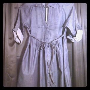 Long pleated jean shirt with rolled sleeve