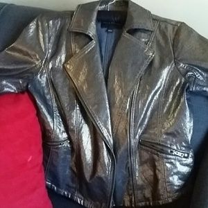 Metallic denim bomber jacket
