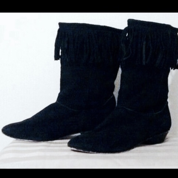 Vintage Cheryl Tiegs Suede Pig Skin Fringed Boots - Picture 1 of 4