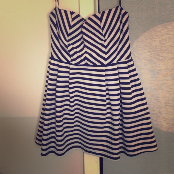 Navy blue and white stripped dress. No straps