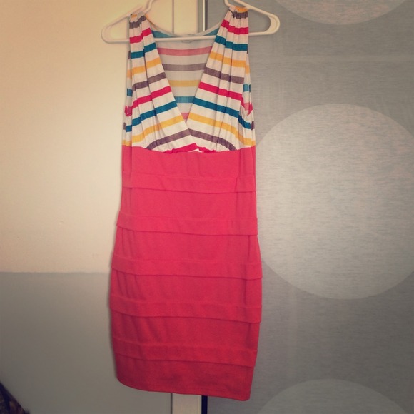 Coral dress with stripped upper area.