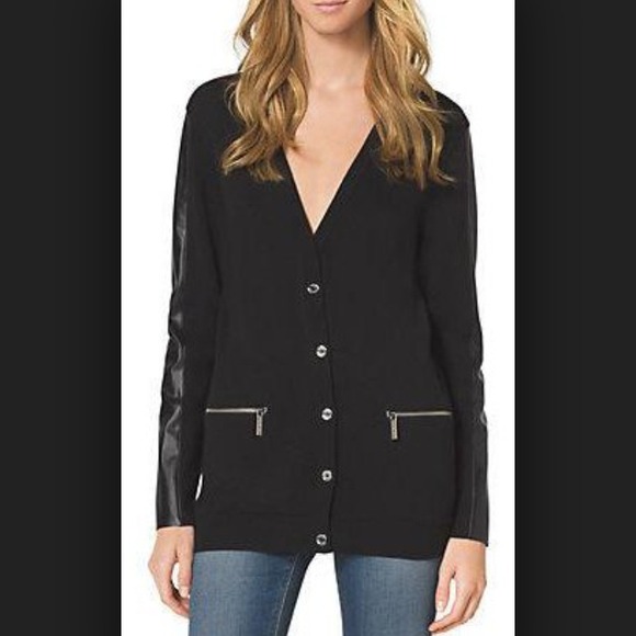 MICHAEL Michael Kors Sweaters - Michael Michael Kors Faux Leather Trim Cardigan