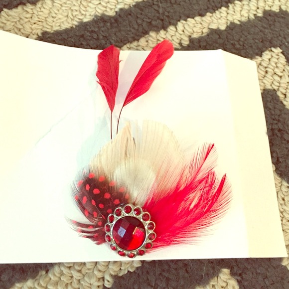 Handmade Red & Tan Feather Fascinator w/ Rhinstone