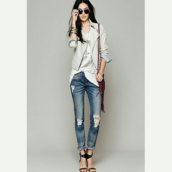 Free People🎀Denim Railroad Pinstripe Moto Jacket