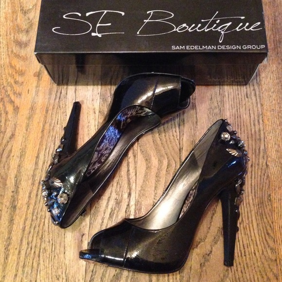 Sam Edelman jeweled Peep Toe Patent Pumps