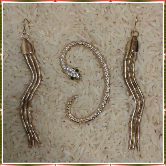Gold Dangle Earrings & Gold Snake Ear Cuff