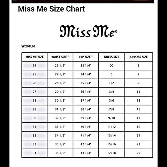 Miss Me Size Chart Inseam