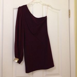 One shoulder burgundy dress with gold cuff!