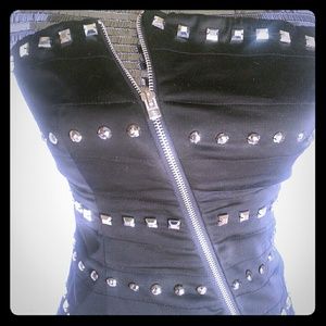BEBE Super Sexy Silver Studded Black Zip-up Corset