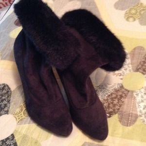 Kardashian Kollection Fur Top Black Ankle Boots