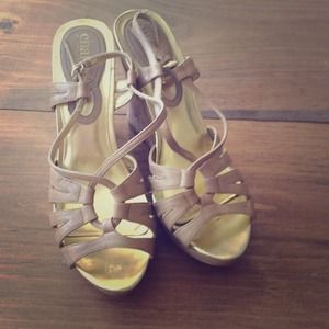 Fabulous beige strappy cork wedge sandals.