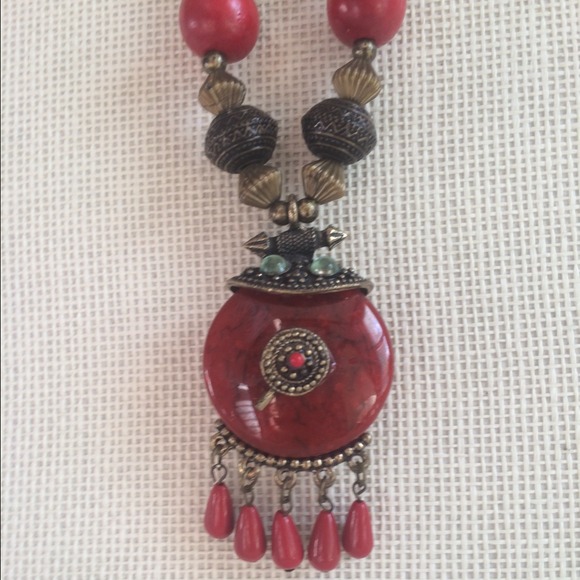 Red tribal statement necklace