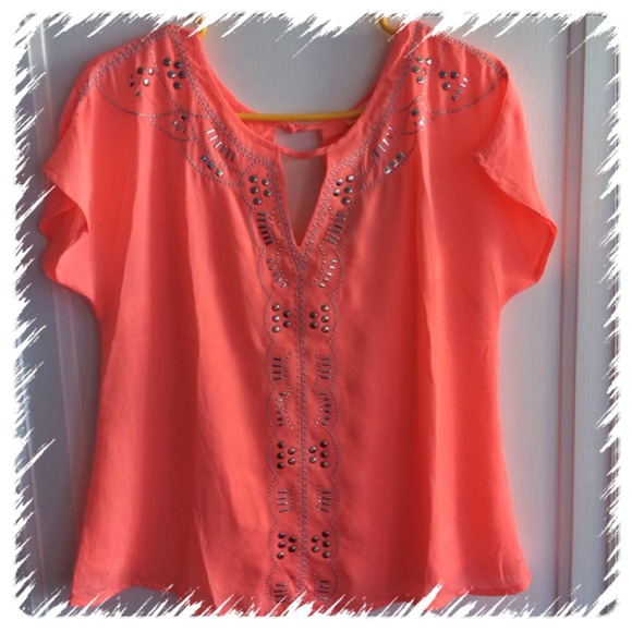 Neon peachy/orange silky shirt. Sz large