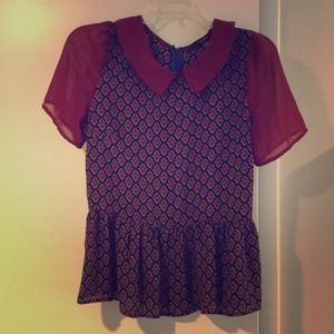 Maroon and navy peplum blouse, Peter Pan collar.