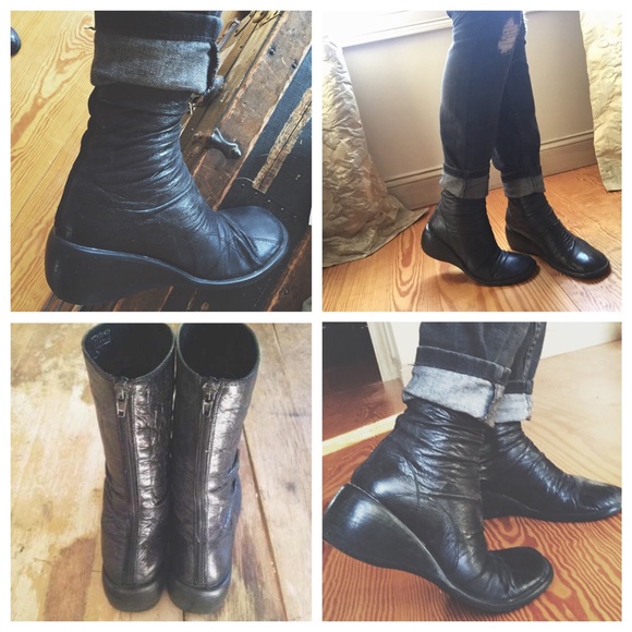 Shoes - Black genuine leather wedge boots