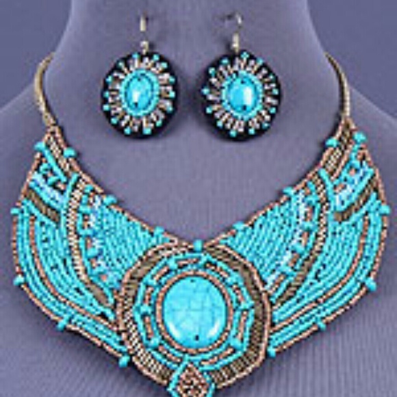 Beaded Bib Accent Necklace Set... Color Turquoise - Picture 1 of 1